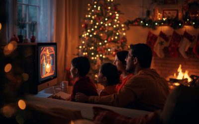 una escena navideña, donde una familia mira en la pantalla de un computador la escena del nacimiento de Jeús